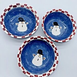 VTG Oneida Factory Store SNOWMAN Soup Cereal Bowls 6.25" Checked Border Set Of 3